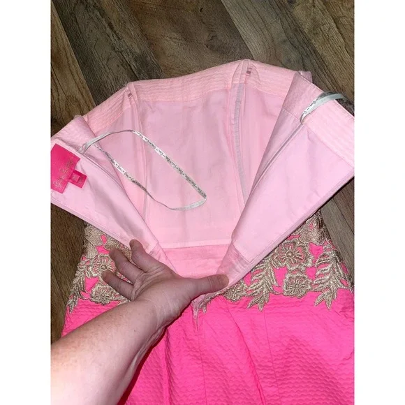 Lilly Pulitzer Kade strapless dress in Pink Tropics with gold embroidery 00 - Picture 4 of 9